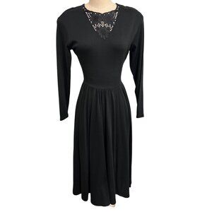 Outback Red Black Vintage Dress With Lace Detail Long Sleeves, Made in Hong Kong